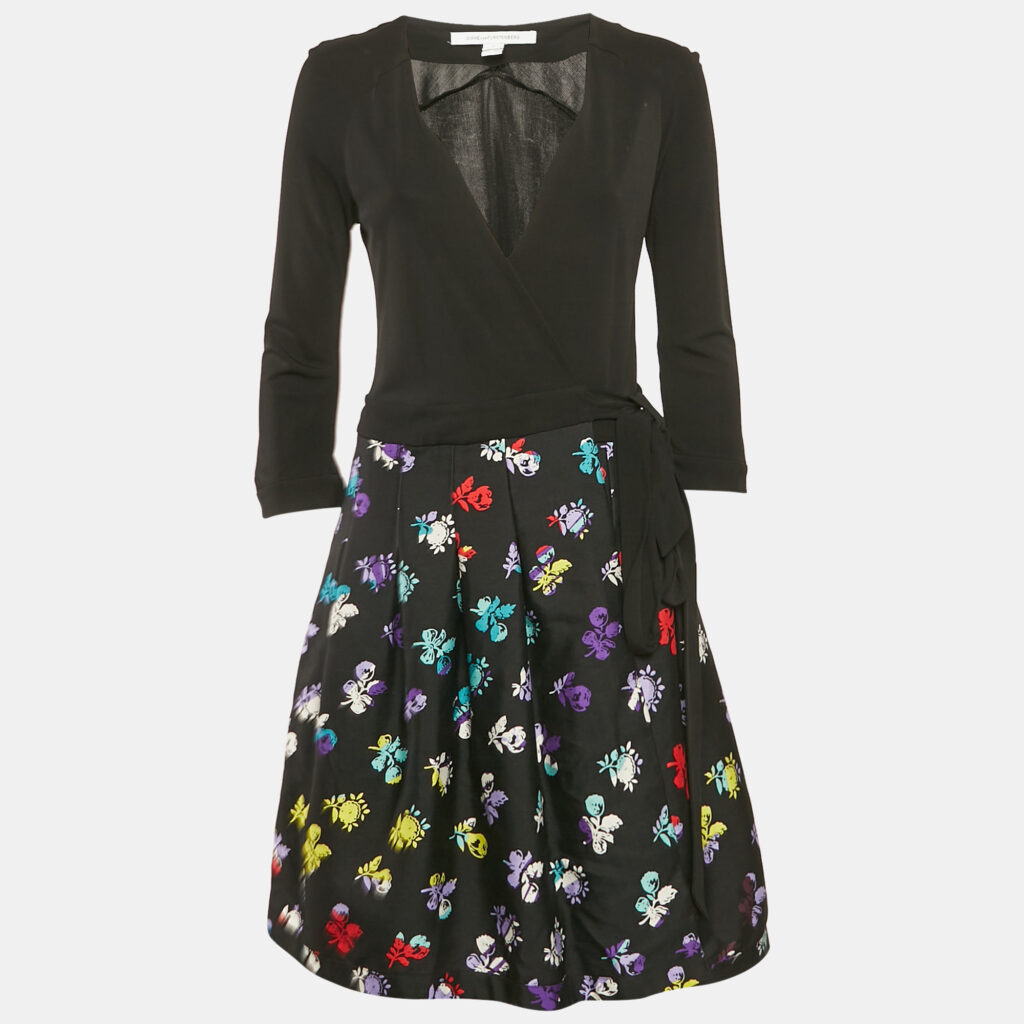 luxury-women-diane-von-furstenberg-used-clothes-p1113638-003 Diane Von Furstenberg Black Wool Blend and Jersey Pleated Wrap Jewel Dress M