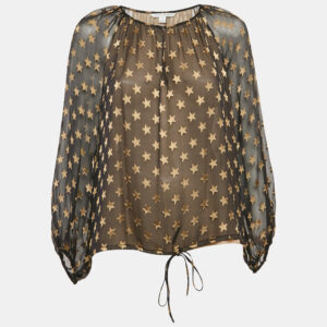 Diane Von Furstenberg Black Star Jacquard Silk Blouse S