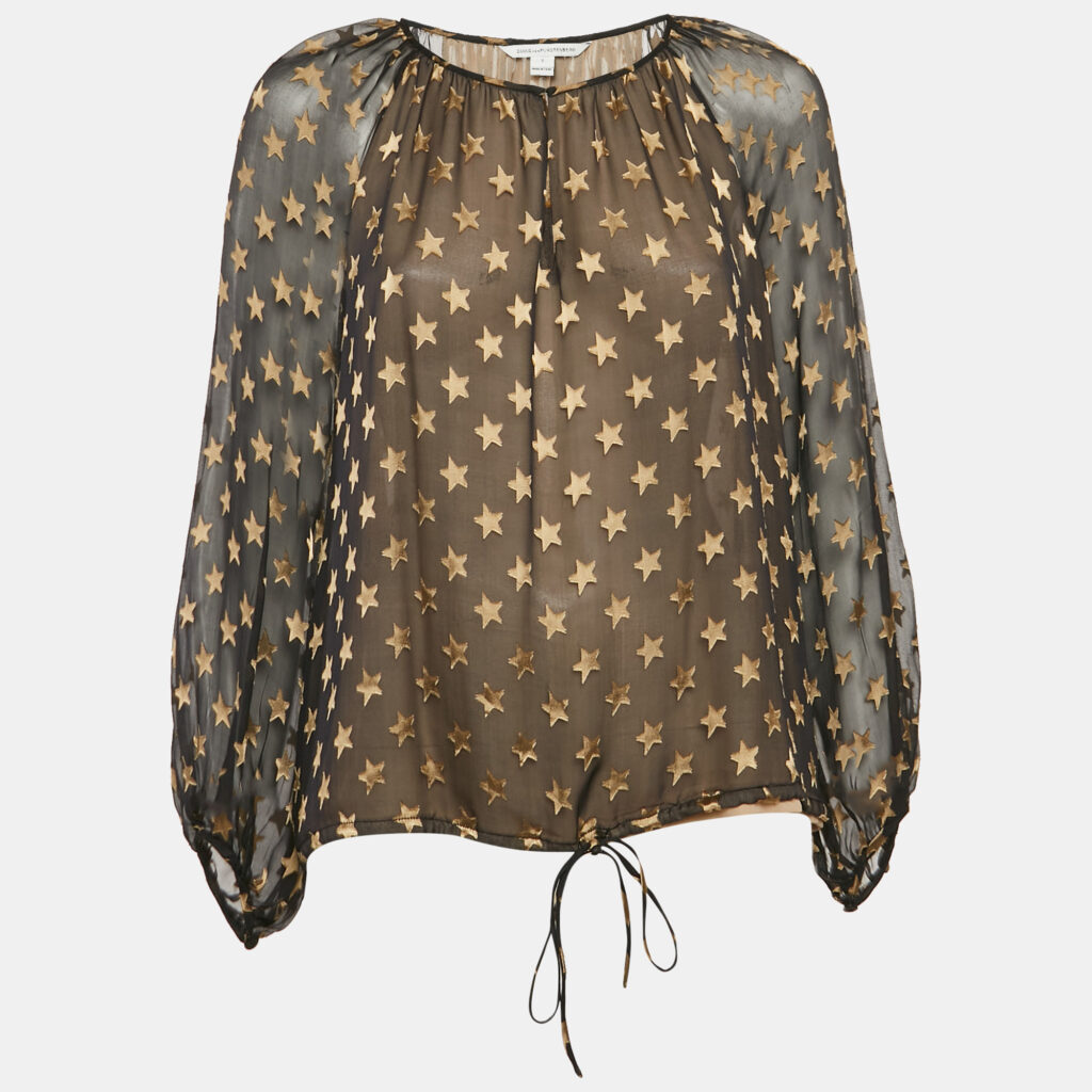 Diane Von Furstenberg Black Star Jacquard Silk Blouse S