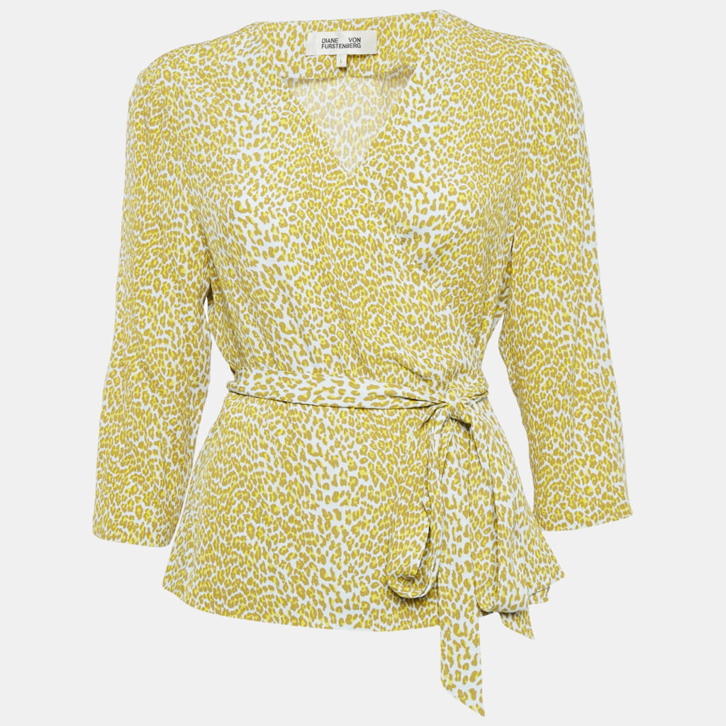 luxury-women-diane-von-furstenberg-used-clothes-p1146418-004 Diane Von Furstenberg Yellow Leopard Print Silk Wrap Top L