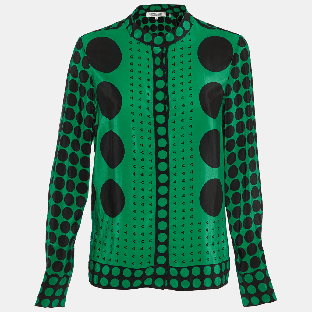luxury-women-diane-von-furstenberg-used-clothes-p1148051-001.jpg Diane Von Furstenberg Green Polka Dot Silk Button Front Shirt L