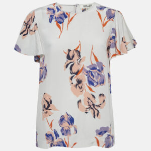 Diane Von Furstenberg White Floral Print Flutter Sleeve Top L
