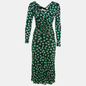 Diane Von Furstenberg Black Floral Print Jersey & Mesh Leia Midi Dress S