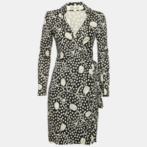 Diane Von Furstenberg Navy Blue/White Floral Print Jersey Wrap Dress S
