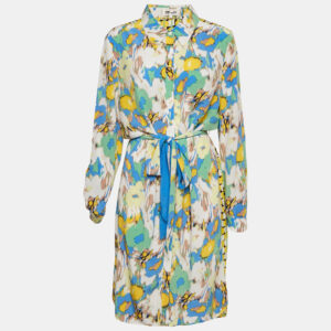 Diane Von Furstenberg Yellow Printed Crepe Belted Midi Dress L