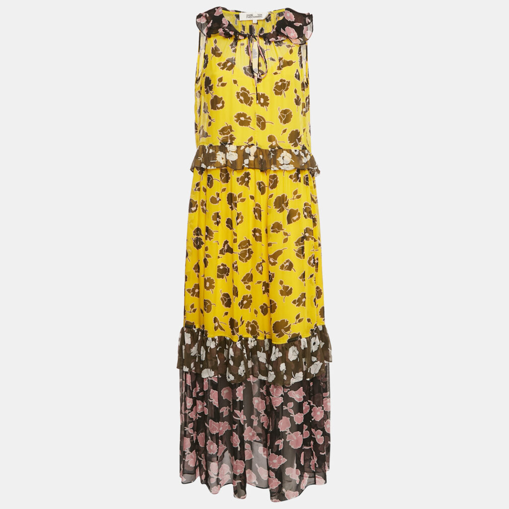 luxury-women-diane-von-furstenberg-used-clothes-p1169322-003 Diane von Furstenberg Yellow Floral Print Silk Long Dress S
