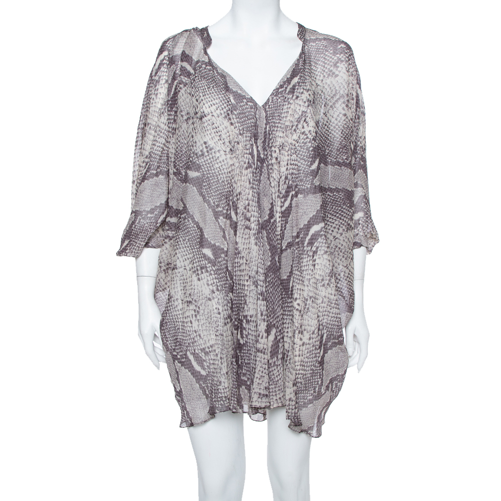 Diane Von Furstenberg Grey Snakeskin Printed Silk Draped Fleurette Dress XS