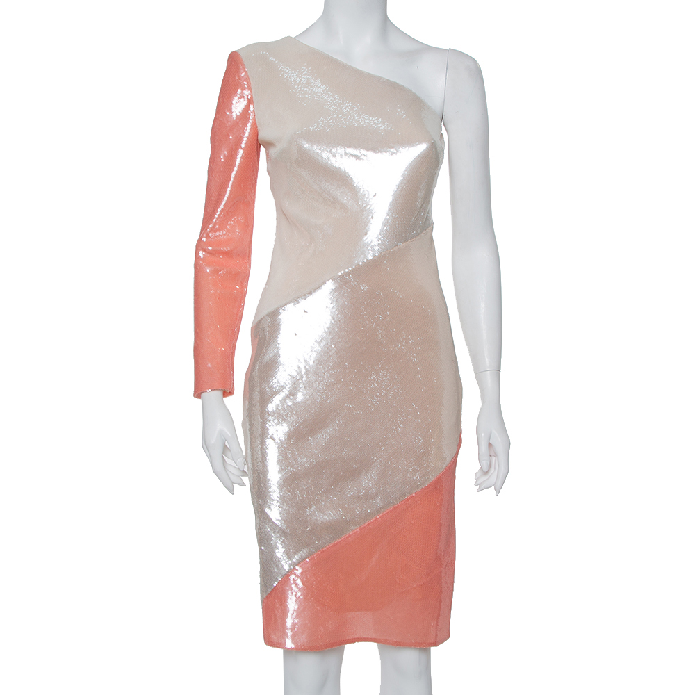 luxury-women-diane-von-furstenberg-used-clothes-p395224-001 Diane Von Furstenberg Color Block Sequin Embellished Silk One Shoulder Midi Dress XS