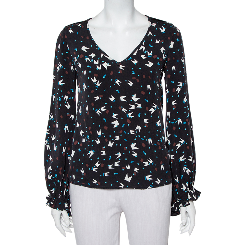 luxury-women-diane-von-furstenberg-used-clothes-p465129-006 Diane Von Furstenberg Black printed Silk Oversized Dickinson Top XS