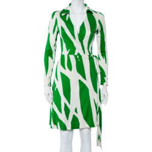 Diane Von Furstenberg Beige & Green Printed Silk Knit Collared Mini Wrap Dress L