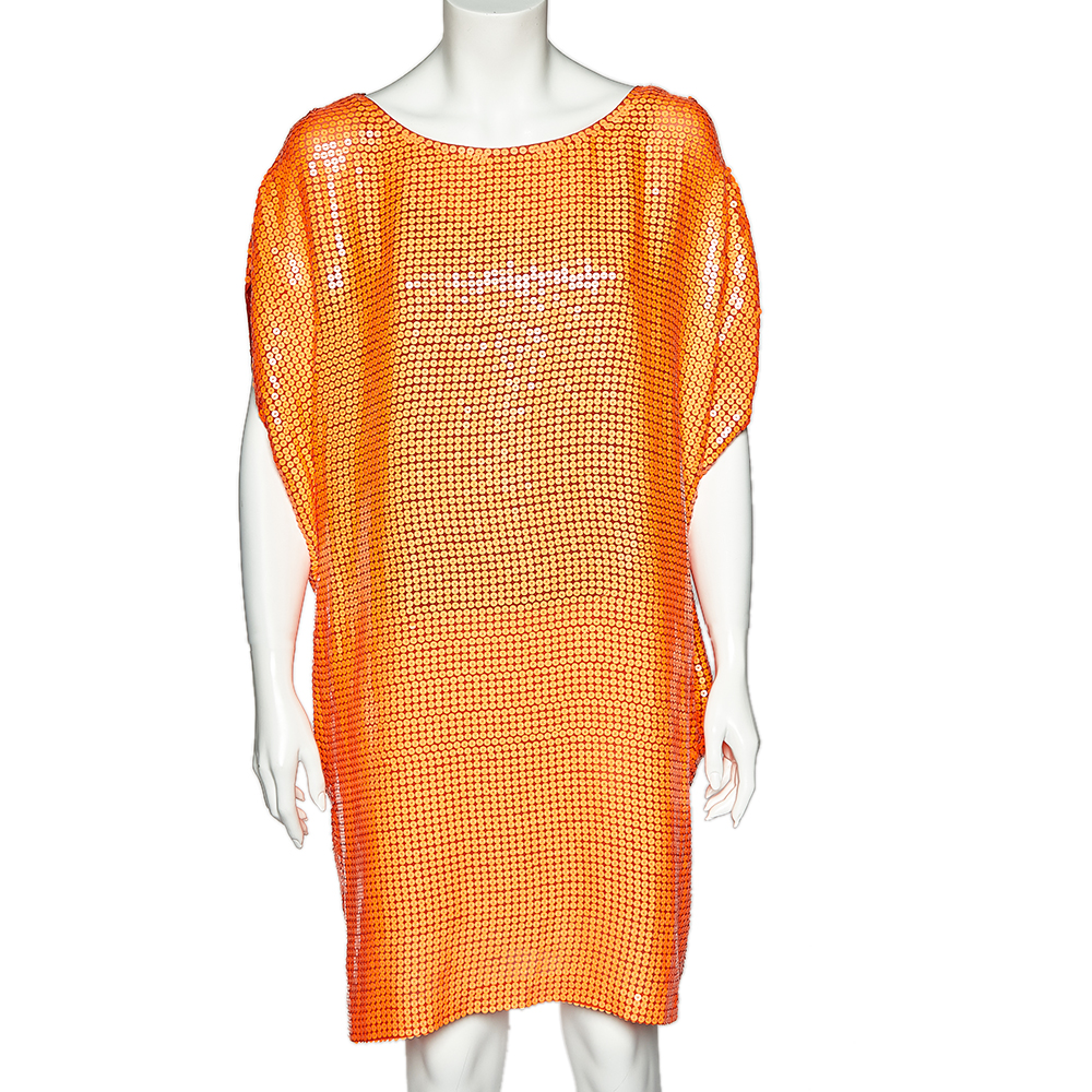 luxury-women-diane-von-furstenberg-used-clothes-p499800-001 Diane Von Furstenberg Neon Orange Sequin Embellished Silk Kei Tunic L