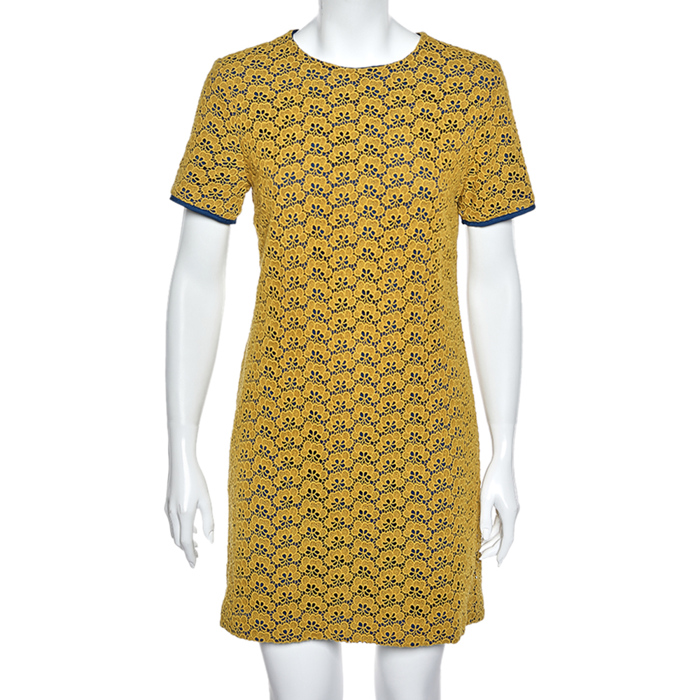 luxury-women-diane-von-furstenberg-used-clothes-p563233-001-2 Diane von Furstenberg Yellow Lace Contrast Lined Shift Dress M