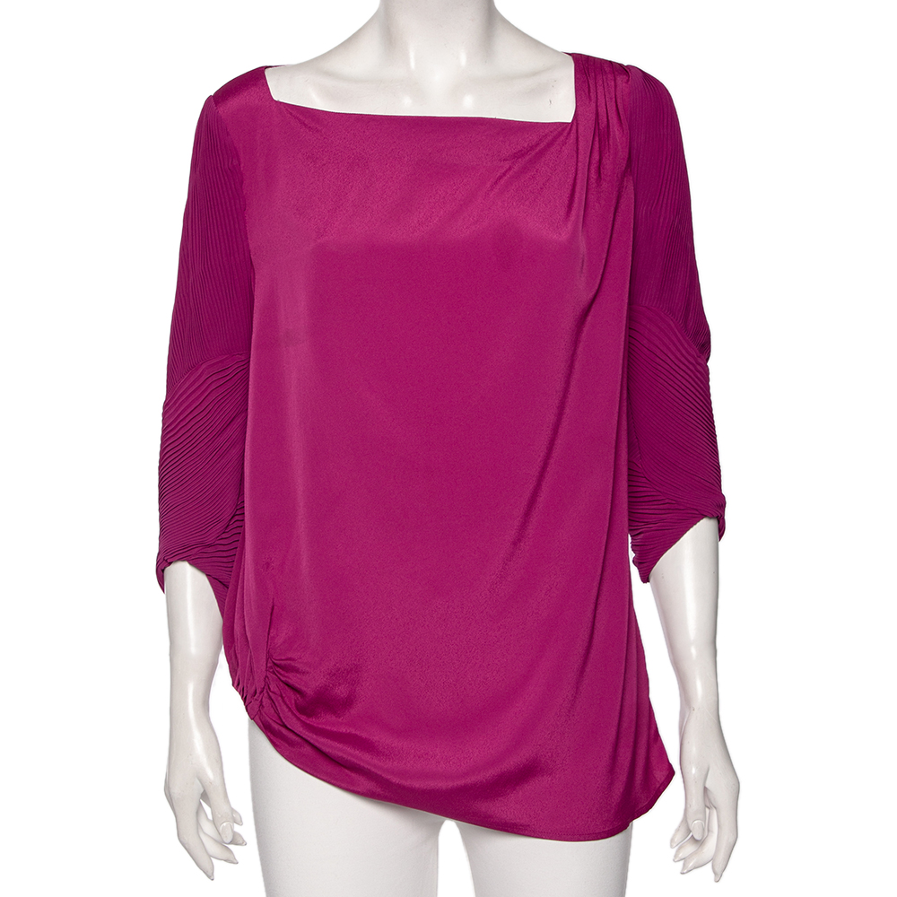 luxury-women-diane-von-furstenberg-used-clothes-p574306-006-2 Diane von Furstenberg Purple Crepe Pleated Sleeve Detail Cebolla Blouse L