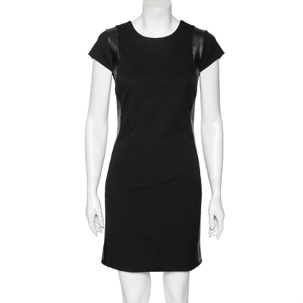 luxury-women-diane-von-furstenberg-used-clothes-p587238-001-2 Diane von Furstenberg Black Knit Pele Leather Short Sleeve Dress M