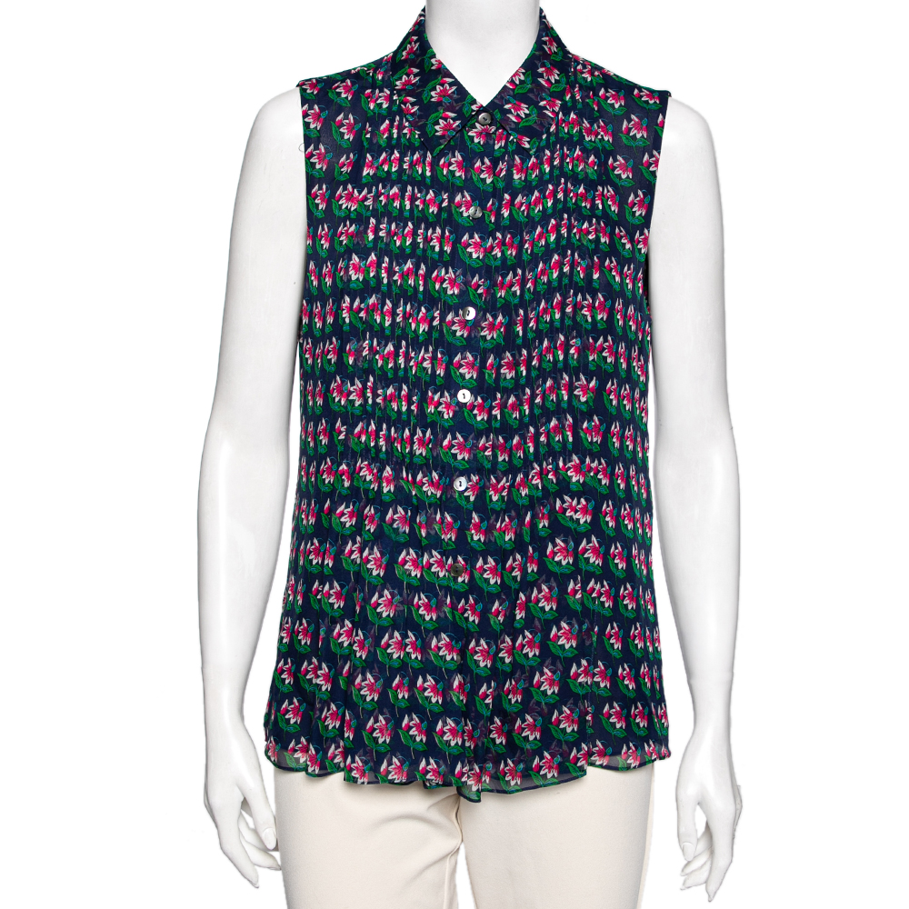 luxury-women-diane-von-furstenberg-used-clothes-p605769-008 Diane von Furstenberg Blue Floral Printed Pleated Front Sleeveless Top L