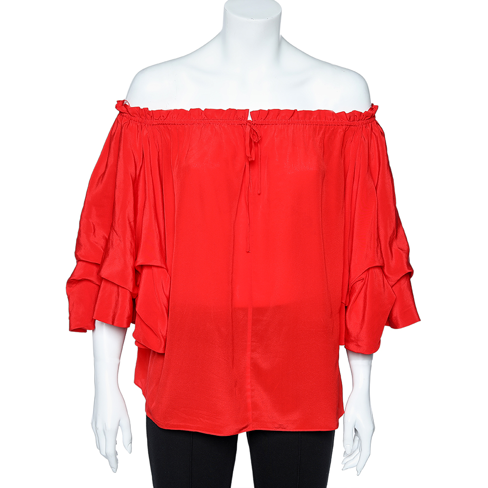 luxury-women-diane-von-furstenberg-used-clothes-p610184-004-2 Diane von Furstenberg Red Silk Off Shoulder Ruffled Top S