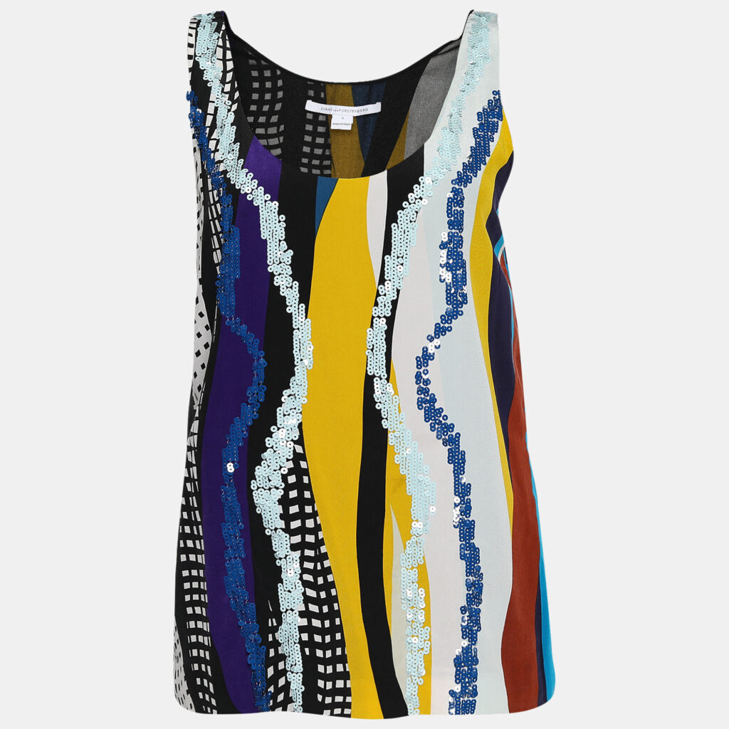 luxury-women-diane-von-furstenberg-used-clothes-p633687-001-2 Diane Von Furstenberg Multicolor Sequin Embellished Silk Jackie Top S