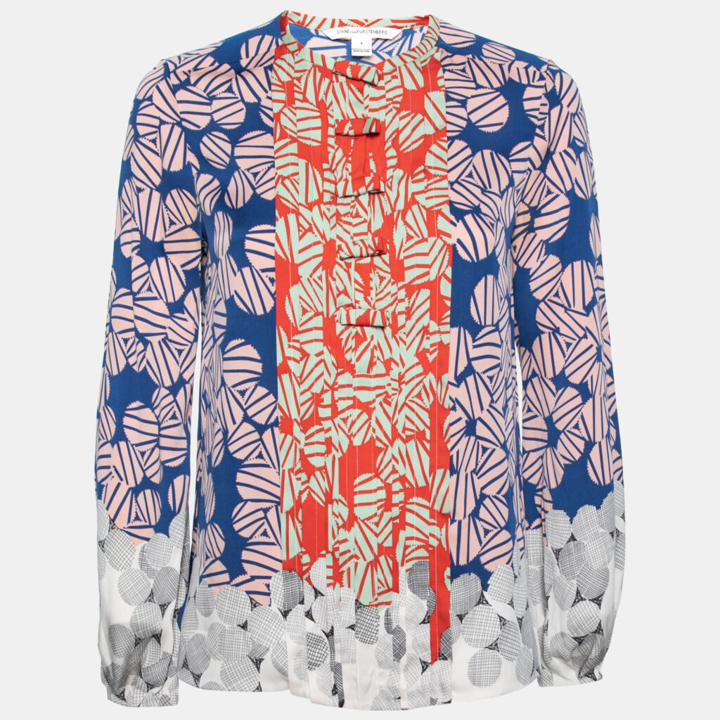 luxury-women-diane-von-furstenberg-used-clothes-p637873-001-2 Diane Von Furstenberg Multicolor Printed Silk Snap Front Closure Blouse S
