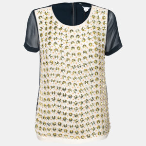 Diane von Furstenberg Navy Blue Silk Rounded Crystal Embellished Gidget Top M