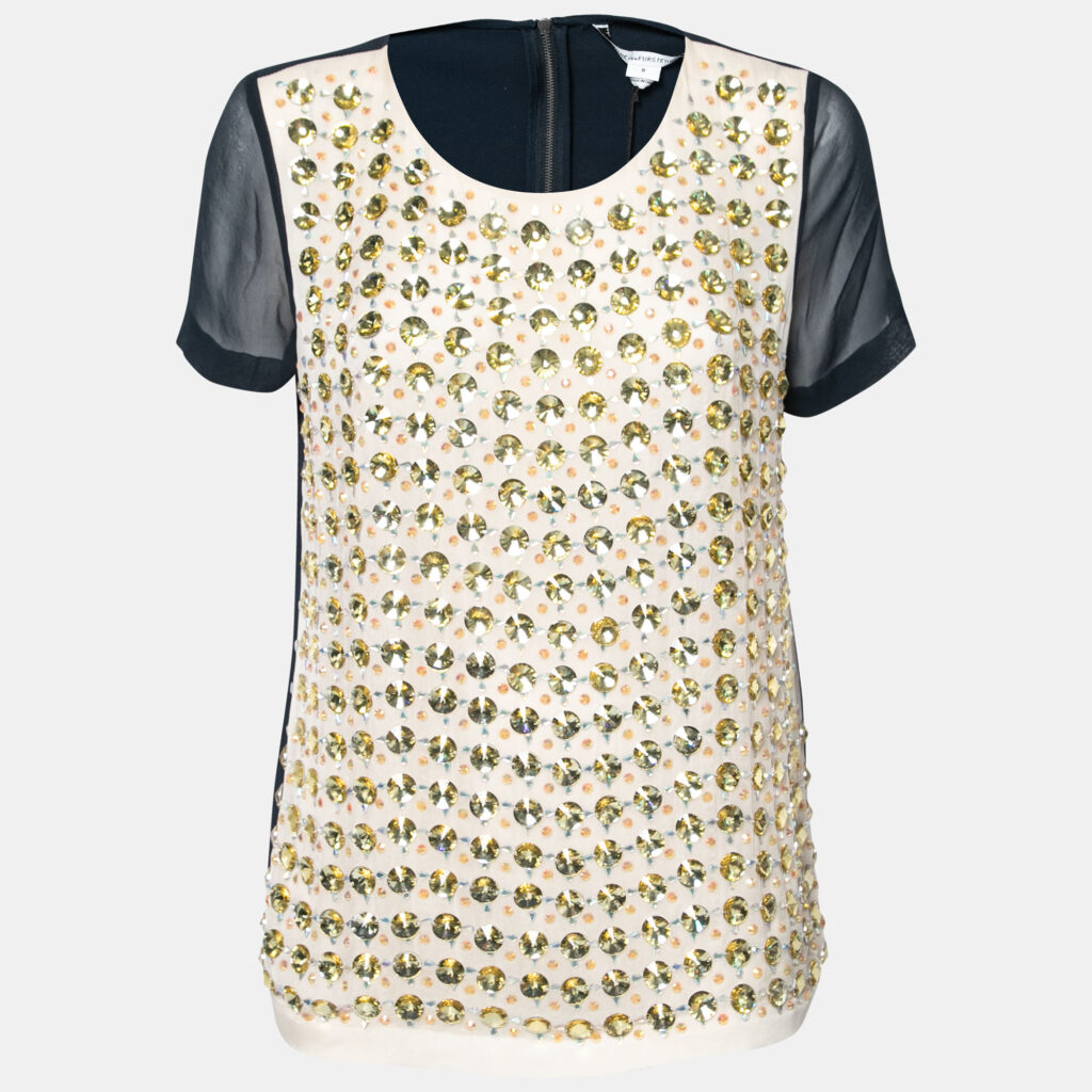luxury-women-diane-von-furstenberg-used-clothes-p697673-001-1 Diane von Furstenberg Navy Blue Silk Rounded Crystal Embellished Gidget Top M