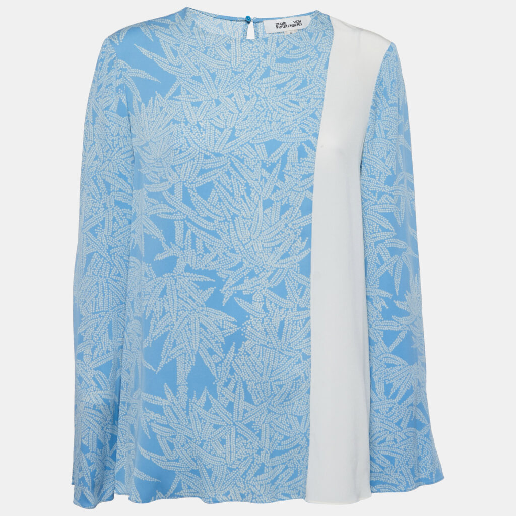 luxury-women-diane-von-furstenberg-used-clothes-p775537-003 Diane Von Furstenberg Blue Printed Silk Contrast Top M