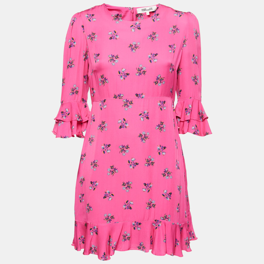 luxury-women-diane-von-furstenberg-used-clothes-p803372-005 Diane Von Furstenberg Pink Floral All-Over Motif Crepe Ruffle Detail Mini Dress S