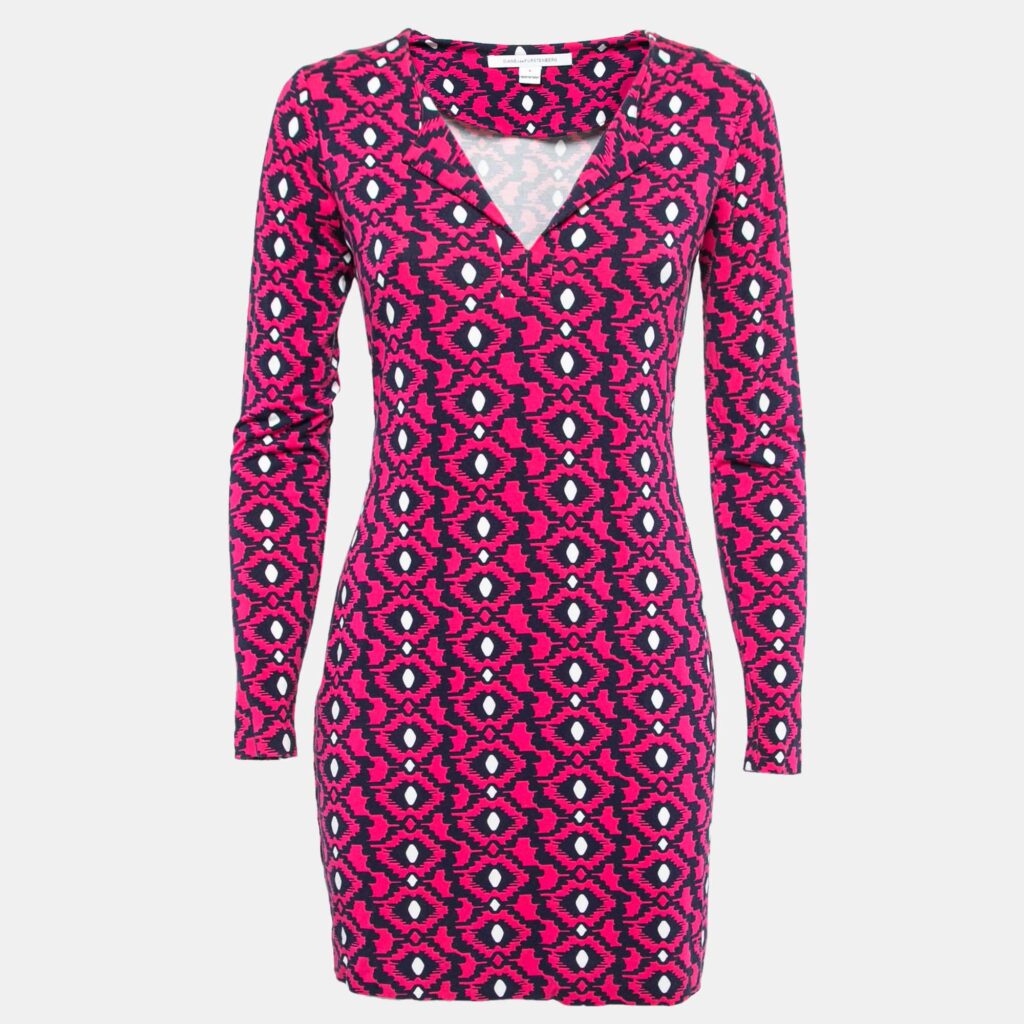 luxury-women-diane-von-furstenberg-used-clothes-p814235-002 Diane Von Furstenberg Pink/navy Blue Printed Knit Full Sleeve Mini Dress S