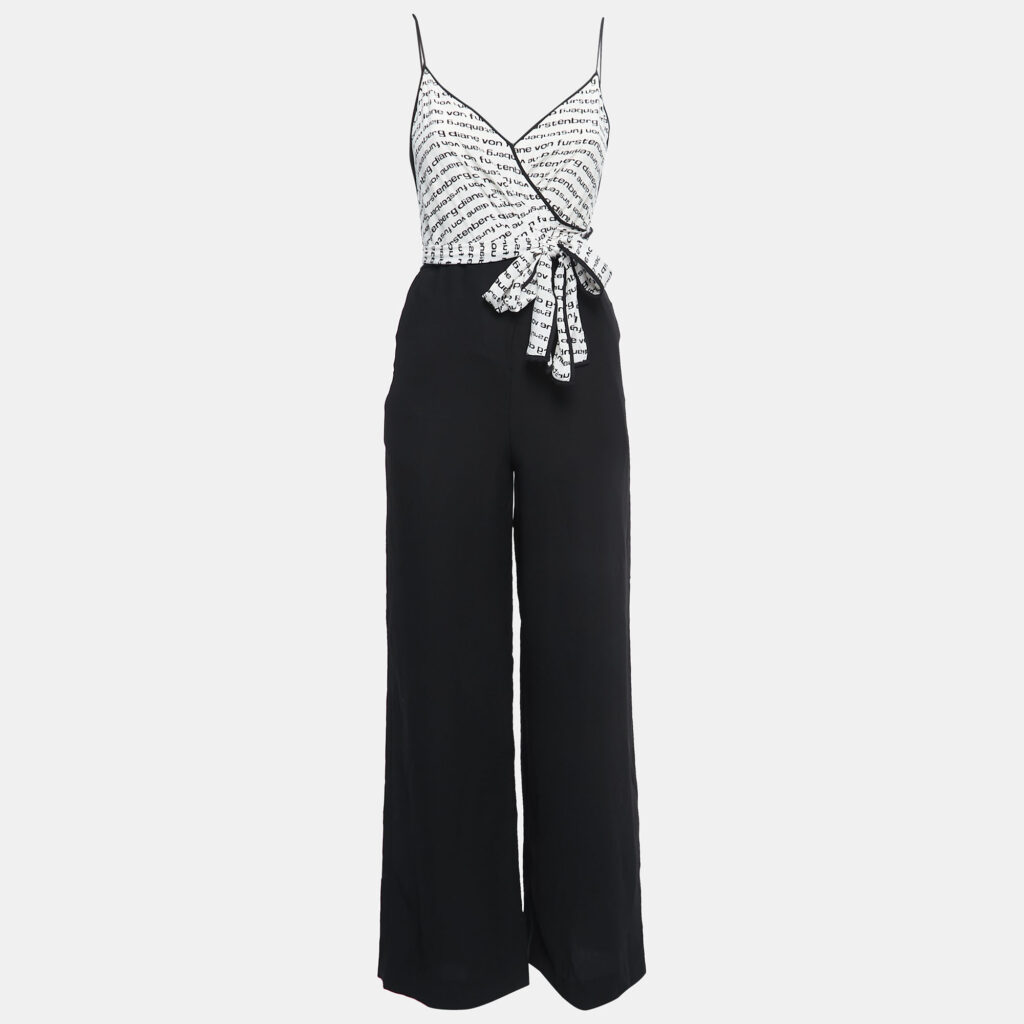 luxury-women-diane-von-furstenberg-used-clothes-p833950-005 Diane Von Furstenberg Black/White Logo Print Crepe & Silk Wide Leg Back Tie Detail Strappy Jumpsuit XXS