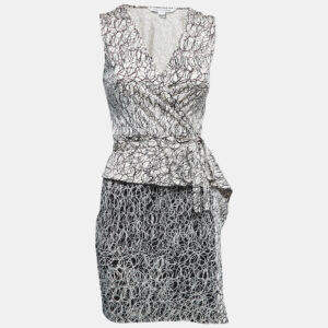 Diane Von Furstenberg Cream/Navy Blue Printed Silk Knit Sleeveless Wrap Dress S