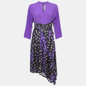 Diane Von Furstenberg Purple Printed Jersey & Crepe Long Sleeve Asymmetrical Midi Dress S