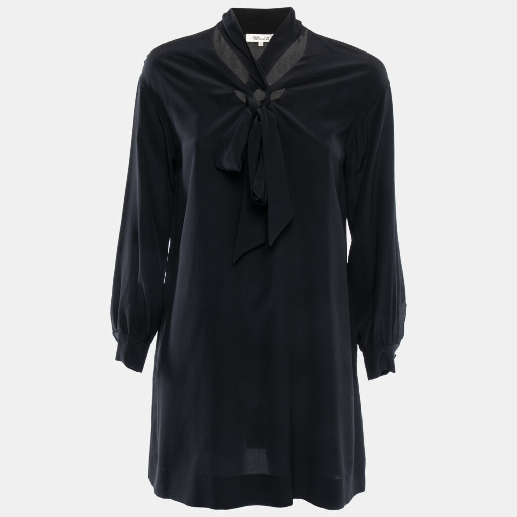 luxury-women-diane-von-furstenberg-used-clothes-p867324-001 Diane Von Furstenberg Black Silk Neck Tie Detail Flared Mini Dress XXS