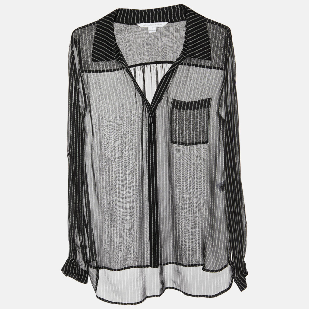 luxury-women-diane-von-furstenberg-used-clothes-p886695-006 Diane Von Furstenberg Black Striped Silk Sheer Shirt L