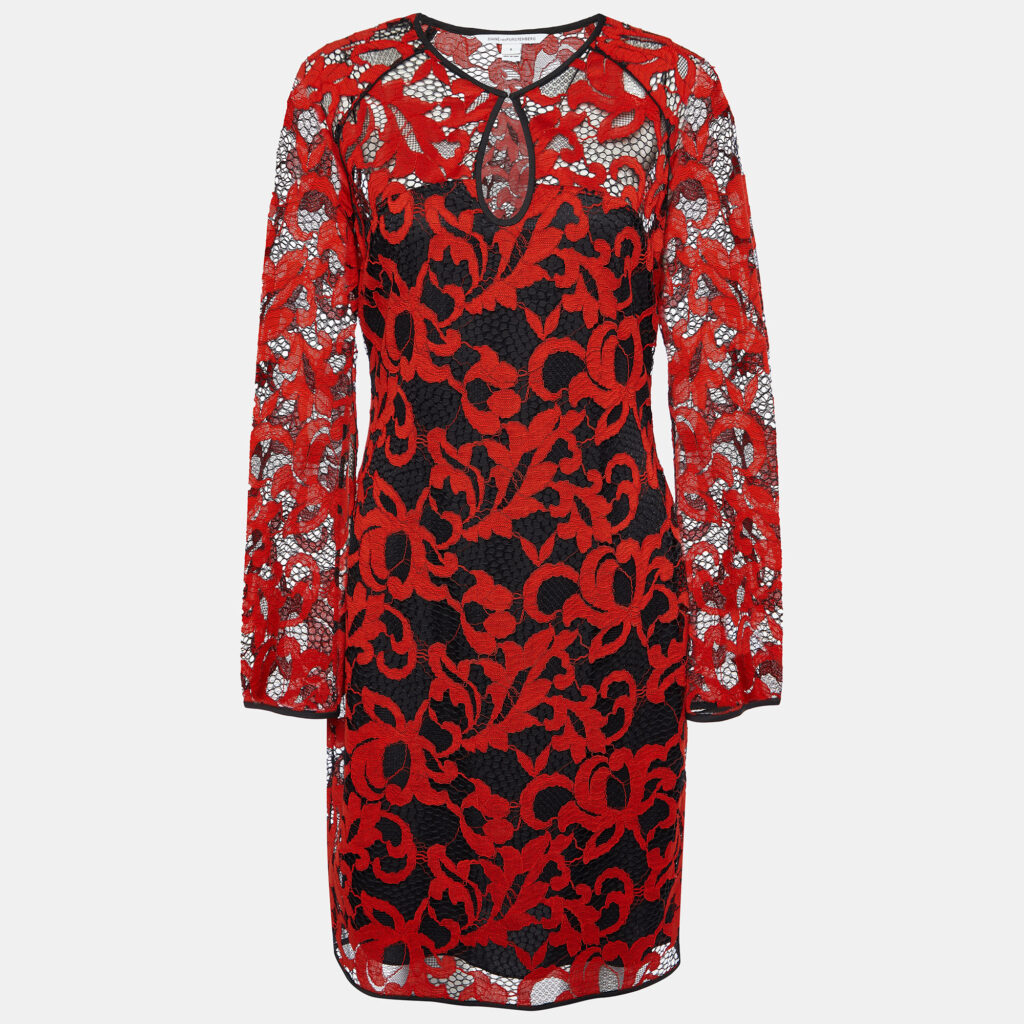 luxury-women-diane-von-furstenberg-used-clothes-p900421-002 Diane Von Furstenberg Red & Black Lace Gadie Mini Dress M