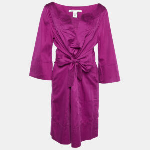 Diane Von Furstenberg Magenta Cotton Pintuck Tie Detail Faustine Dress XL