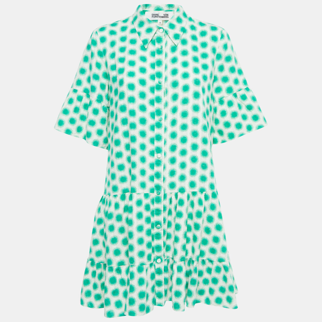 luxury-women-diane-von-furstenberg-used-clothes-p908149-002 Diane Von Furstenberg Cream/Green Print Cotton Button Front Mini Dress M