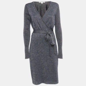 Diane Von Furstenberg Navy Blue Lurex Knit Evelyn Wrap Dress L