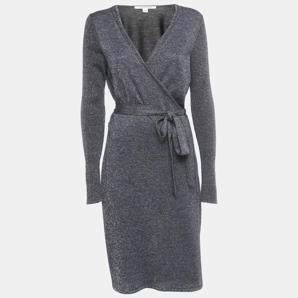 luxury-women-diane-von-furstenberg-used-clothes-p918090-001 Diane Von Furstenberg Navy Blue Lurex Knit Evelyn Wrap Dress L