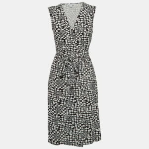 Diane Von Furstenberg Black/White Geometric Print Jersey Midi Wrap Dress L