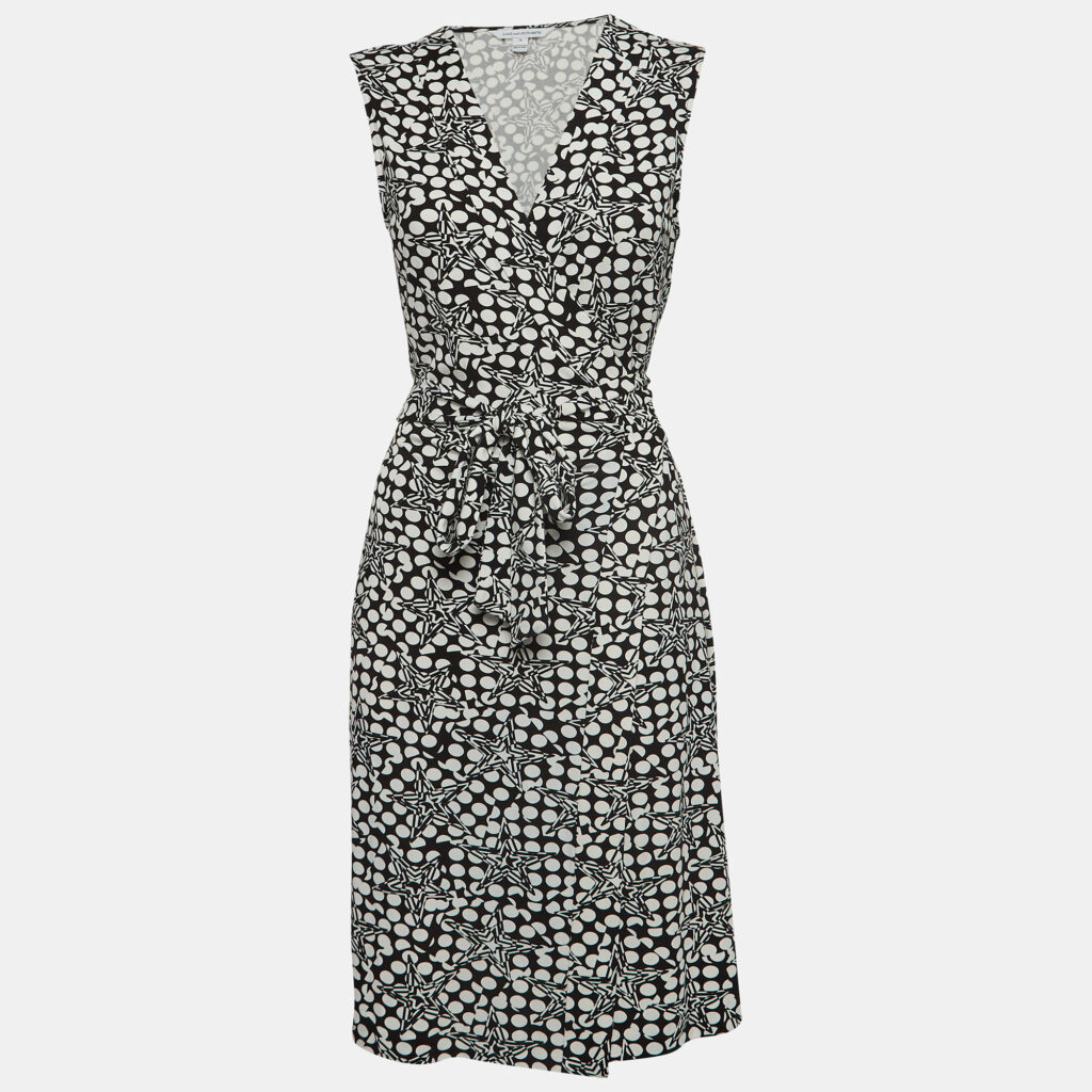 luxury-women-diane-von-furstenberg-used-clothes-p939379-002 Diane Von Furstenberg Black/White Geometric Print Jersey Midi Wrap Dress L