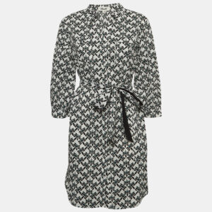Diane Von Furstenberg White Floral Print Cotton Belted Shirt Dress L