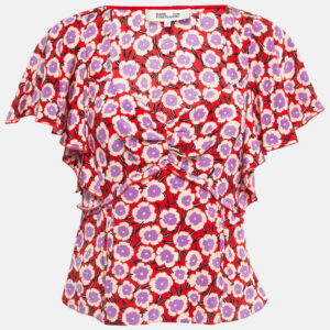 Diane Von Furstenberg Red Floral Print Silk Ruffled De Chine Top M