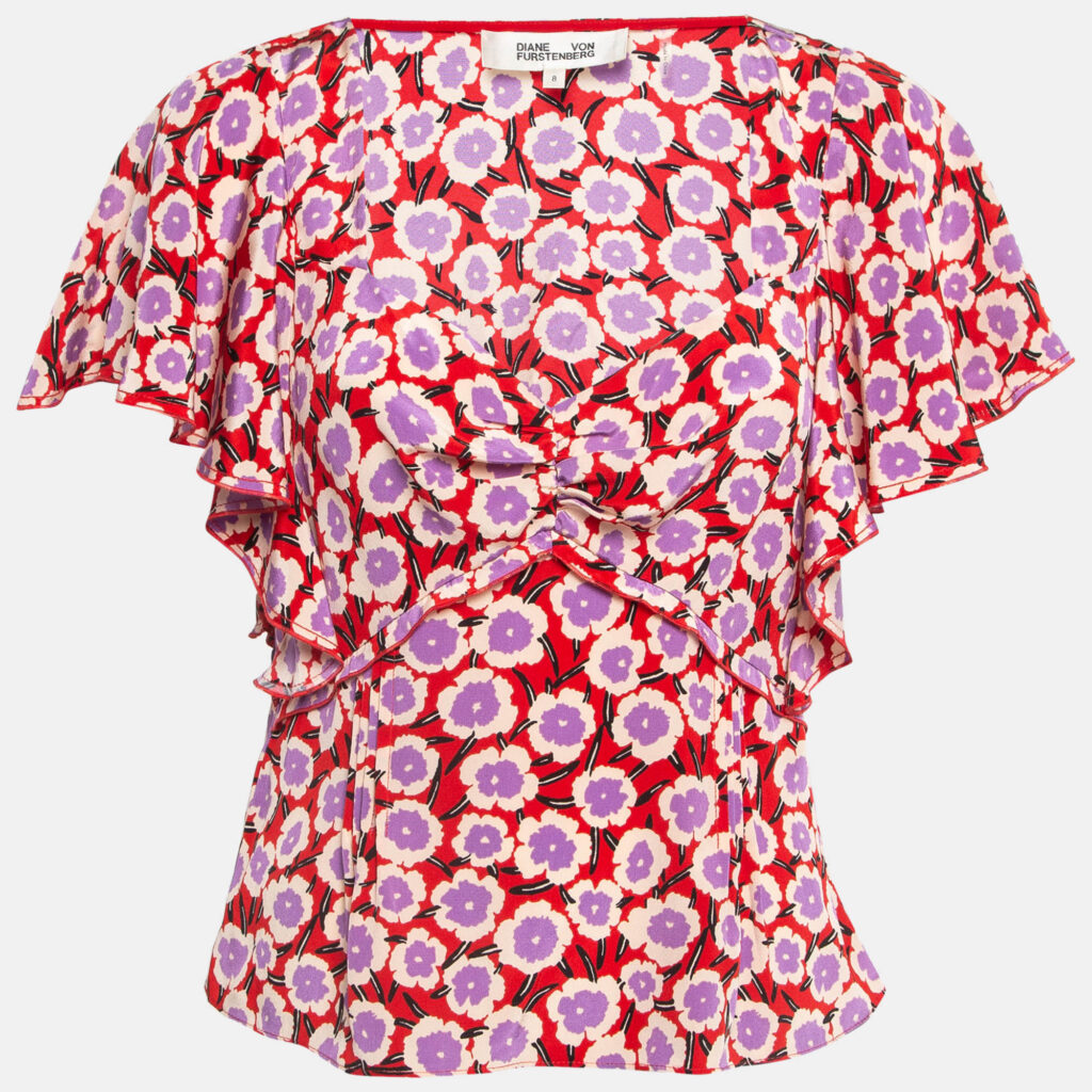 luxury-women-diane-von-furstenberg-used-clothes-p955365-001 Diane Von Furstenberg Red Floral Print Silk Ruffled De Chine Top M