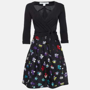 Diane Von Furstenberg Black Floral Printed Wool and Silk Wrap Dress S