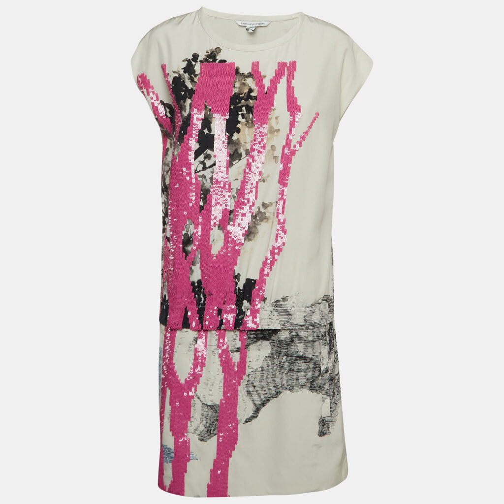 luxury-women-diane-von-furstenberg-used-clothes-p998111-003 Diane Von Furstenberg White/Pink Sequin and Silk Tara Dress S