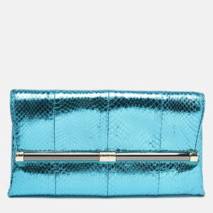 Diane Von Furstenberg Metallic Blue Foil Snakeskin Envelop Clutch