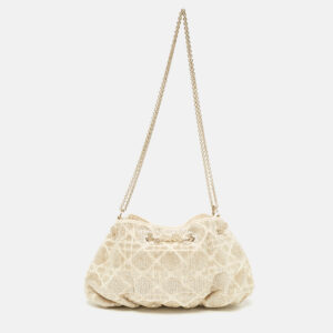 Dior Dusty Ivory Cannage Beaded Fabric Dream Bucket Bag
