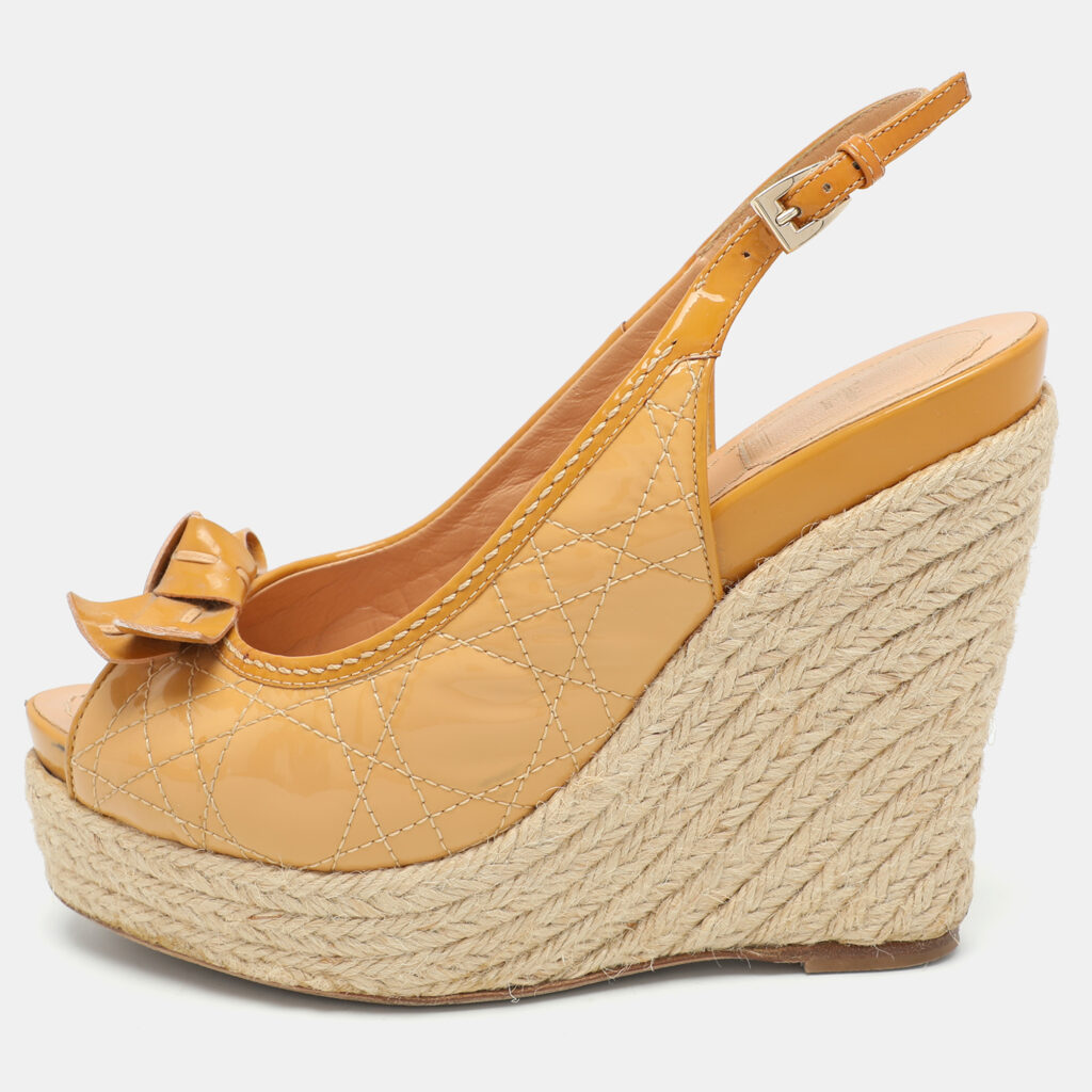 luxury-women-dior-new-shoes-p1033530-001 Dior Beige Cannage Patent Leather Bow Wedge Espadrille Platform Sandals Size 37.5