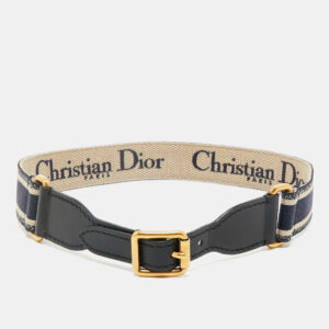 Dior Navy Blue/Black Embroidered Canvas and Leather Waist Buckle Belt 75CM