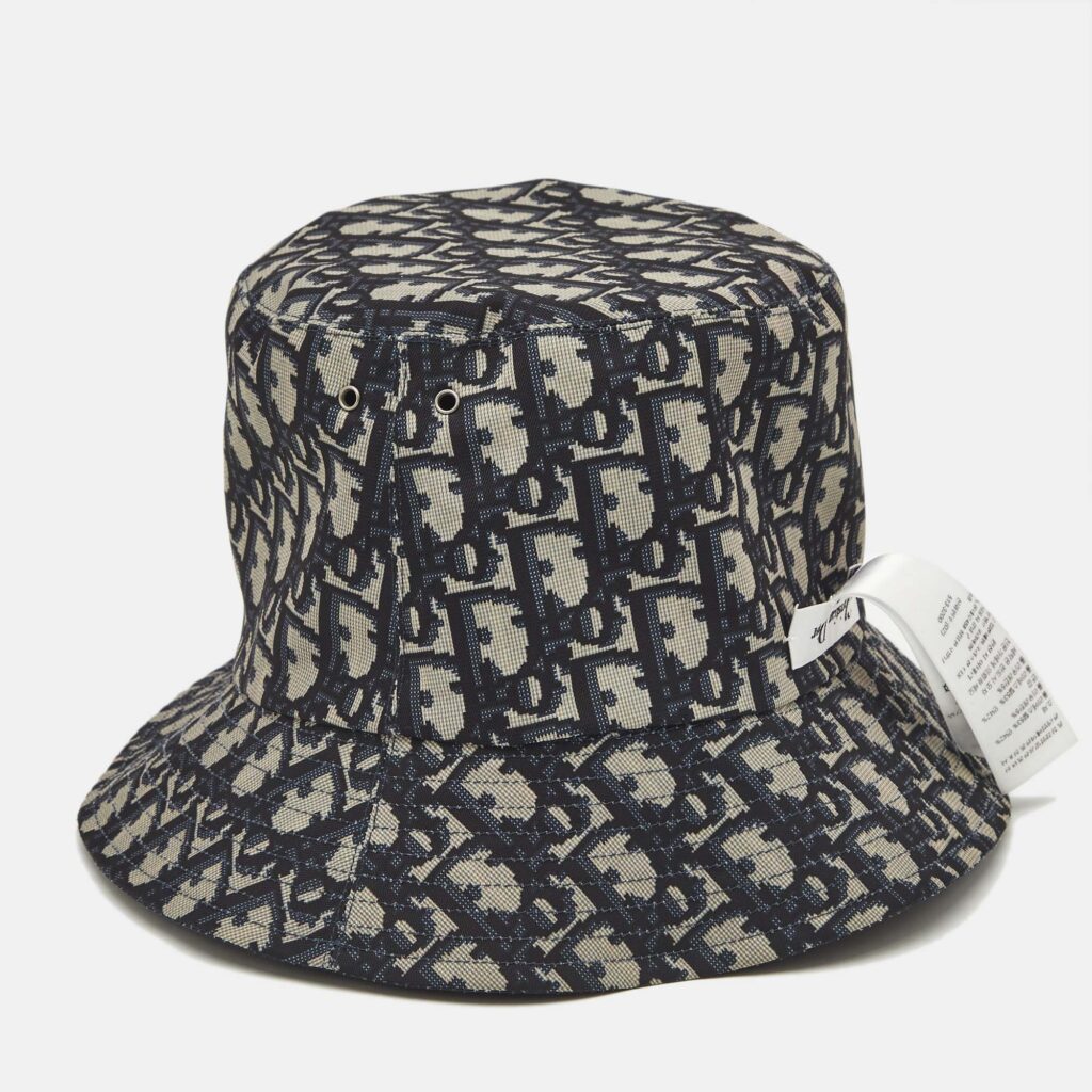 luxury-women-dior-used-accessories-p1168945-003 Christian Dior Navy Blue Synthetic Reversible Teddy-D Oblique Bucket Hat Size 57