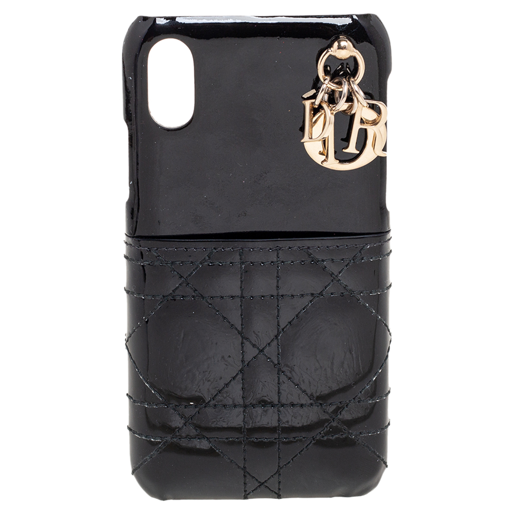 luxury-women-dior-used-accessories-p592849-001-2 Dior Black Cannage Patent Leather Lady Dior iPhone X/XS Case